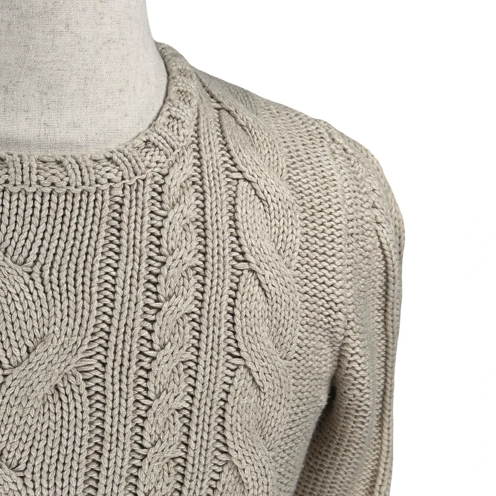 LL Bean Cable‎ Knit Sweater Women’s Medium Beige Tan Cotton Long Sleeve Pullover